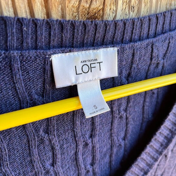 Loft Rabbit Fur Blend Cabled V-Neck Navy Pullover S - Picture 2 of 4